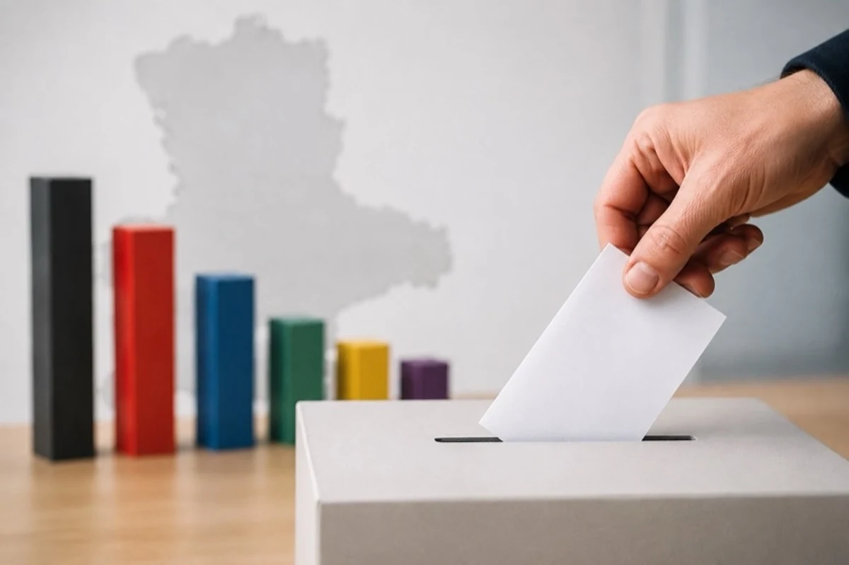 Stimmzettel und abstrakte Umfragebalken zur Landtagswahl 2026 in Sachsen-Anhalt auf einem neutralen Wahltisch.
