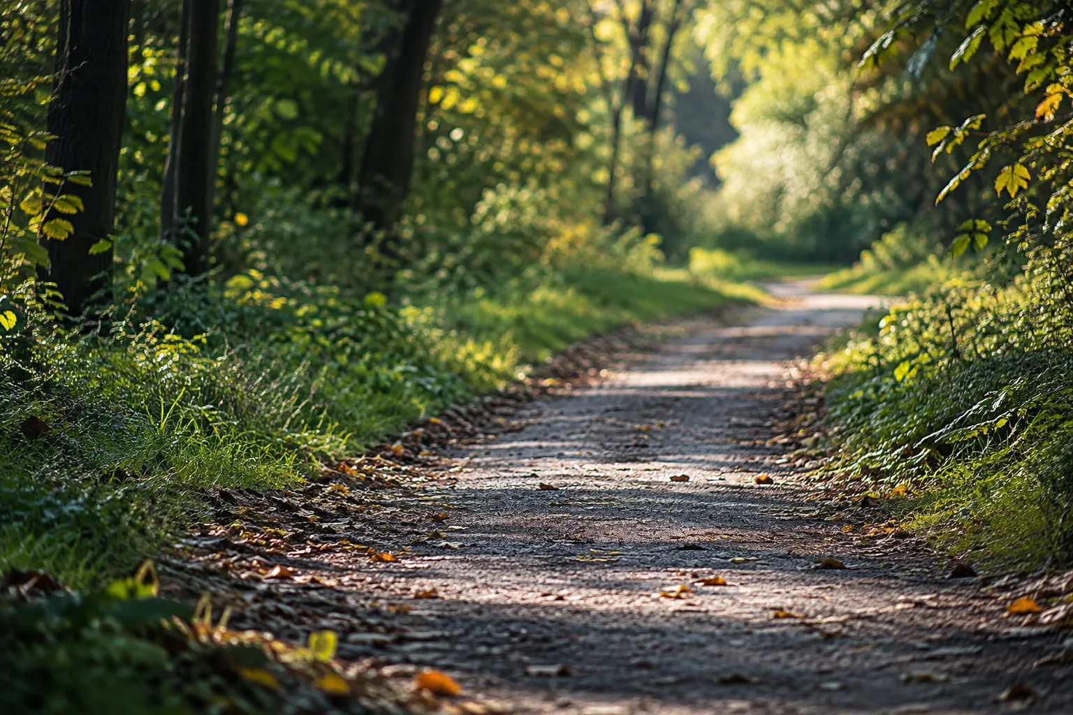 Menschenleerer Fußweg zwischen Bäumen und dichter Vegetation, mit unscharfem Hintergrund.