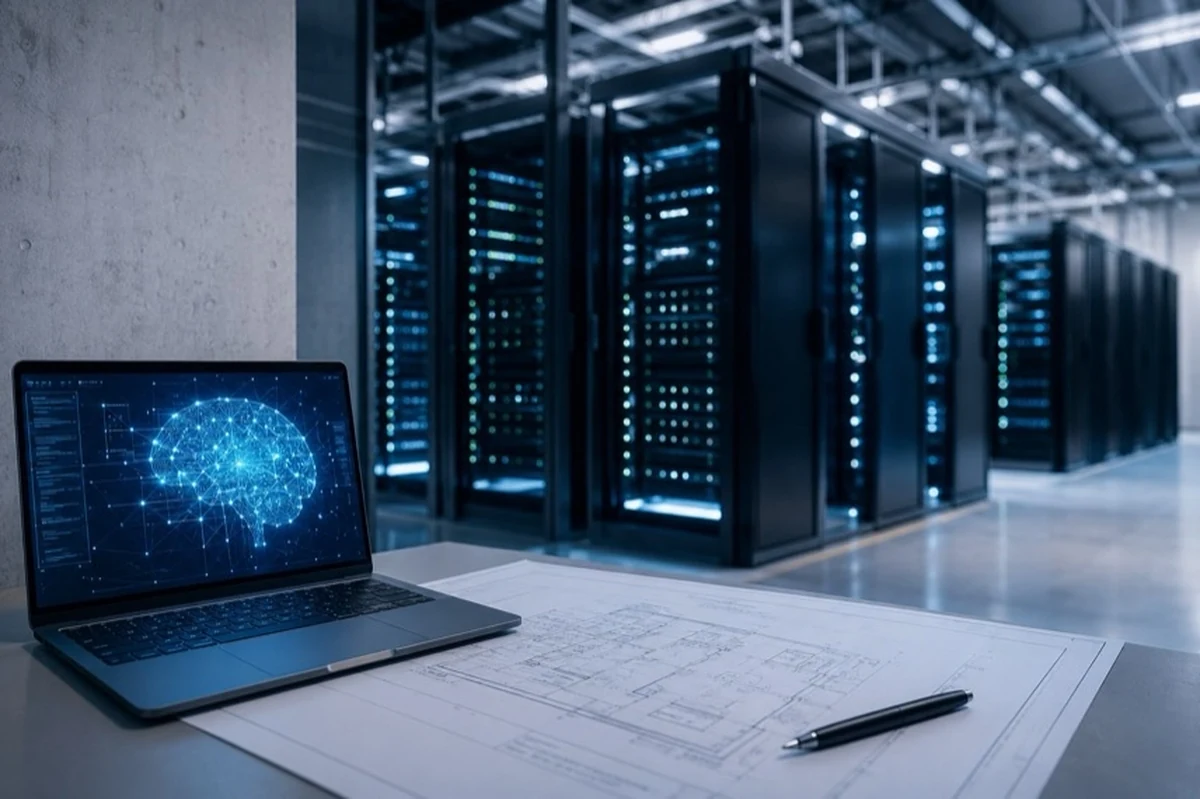 Server-Racks, Energiespeicher und Photovoltaikmodule als Elemente eines Energie- und Rechenzentrums im Harz