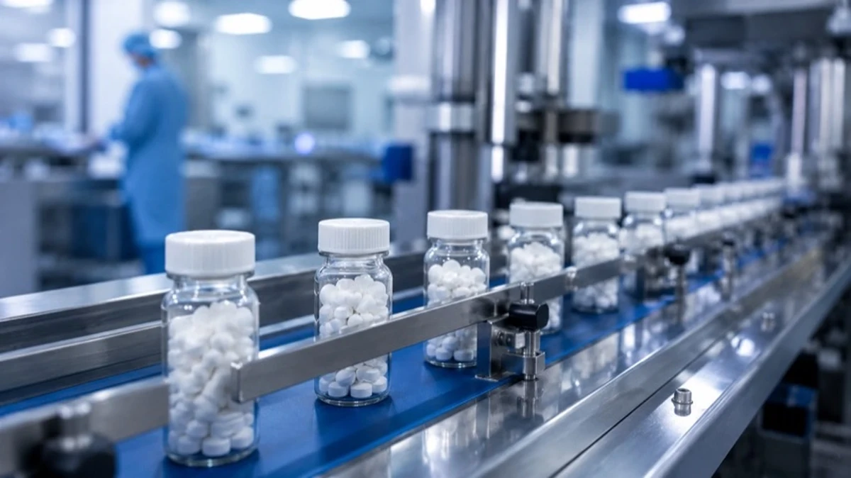 Arzneimittelbehälter auf Förderband in moderner Pharmaproduktion mit industriellen Anlagen im Hintergrund