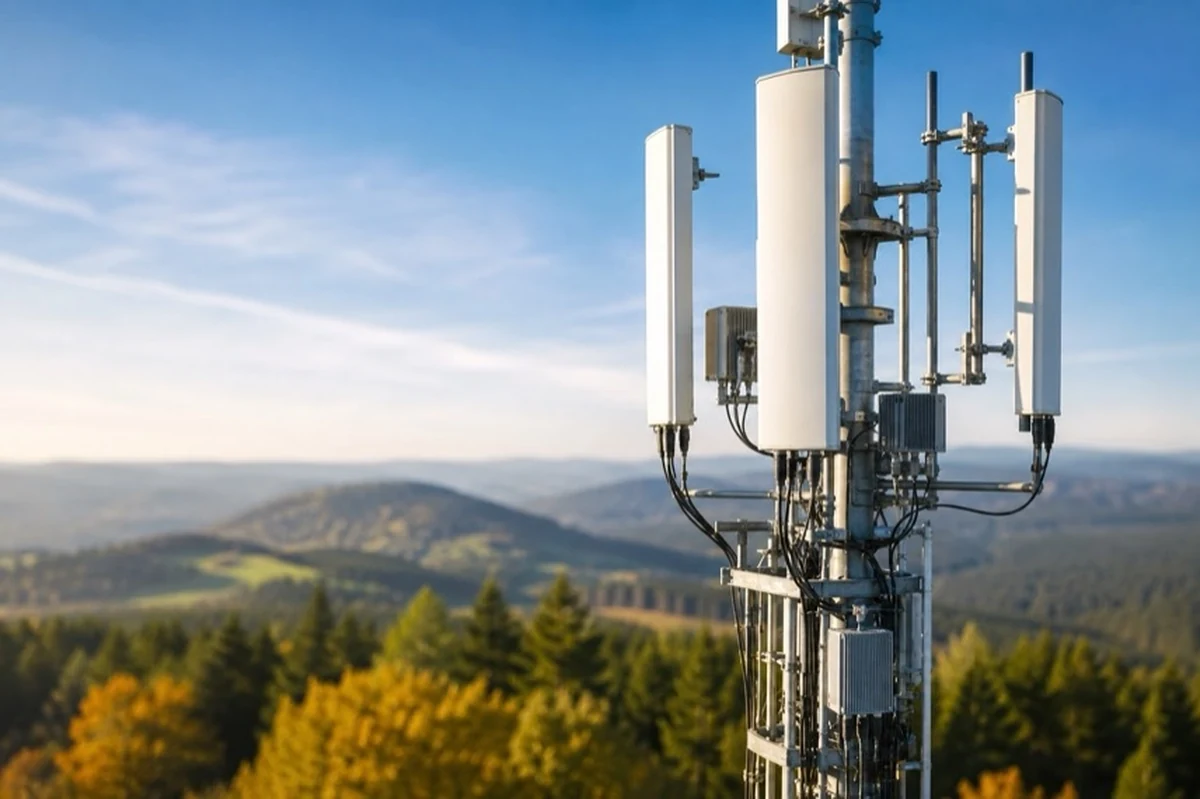 Mobilfunkmast und Smartphone mit Empfangsanzeige als Motiv für den 4G- und 5G-Ausbau im Landkreis Harz