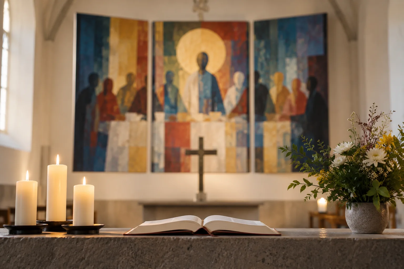 Moderner dreiteiliger Altar mit zeitgenössischem Gemälde in einem neutralen Kirchenraum im Kontext des Harzes