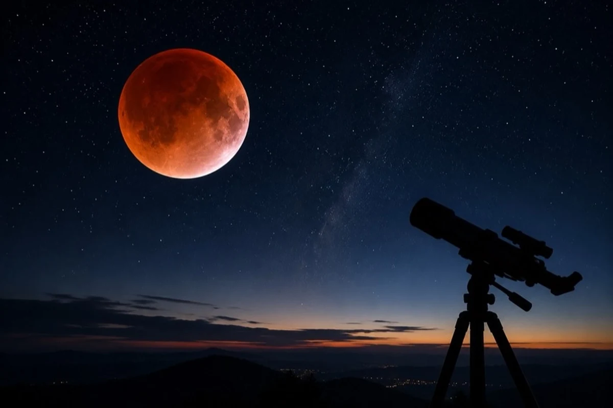 Teilweise verdunkelter Mond über einem dunklen Horizont als Darstellung einer partiellen Mondfinsternis im Harz