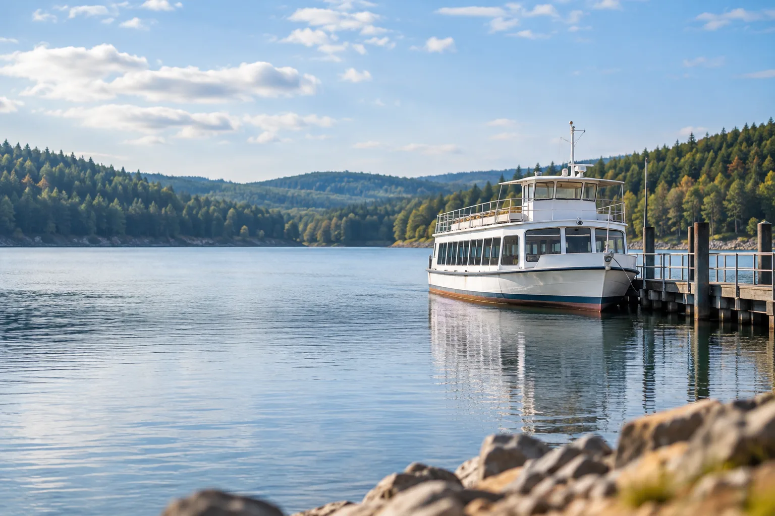 Stillgelegtes Ausflugsschiff an einem Anleger vor bewaldeten Hügeln und einer ruhigen Stauseelandschaft.