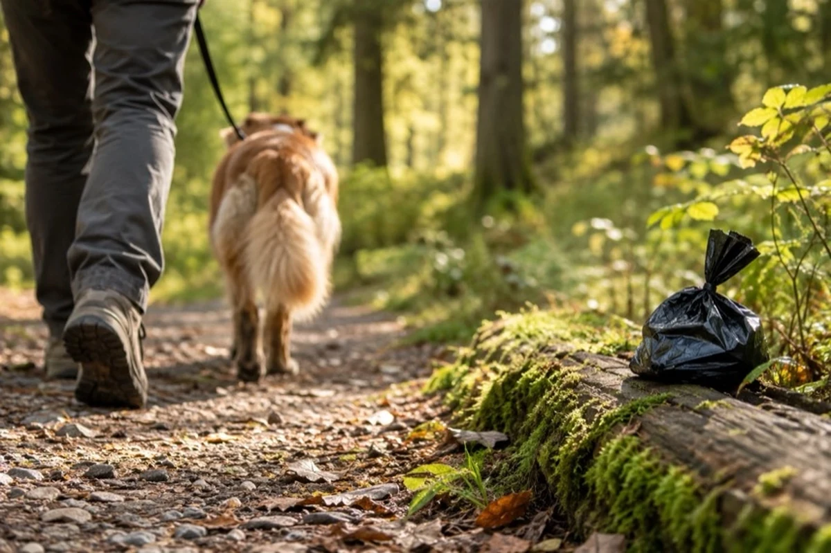 Angeleinter Hund auf einem Waldweg neben einem Hundekotbeutel in einer neutralen Waldlandschaft.