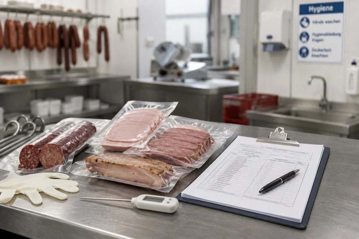 Edelstahl-Arbeitsfläche in einer handwerklichen Fleischerei mit vakuumverpackten Wurstwaren, Thermometer, Hygienehandschuhen und Dokumentationsunterlagen.