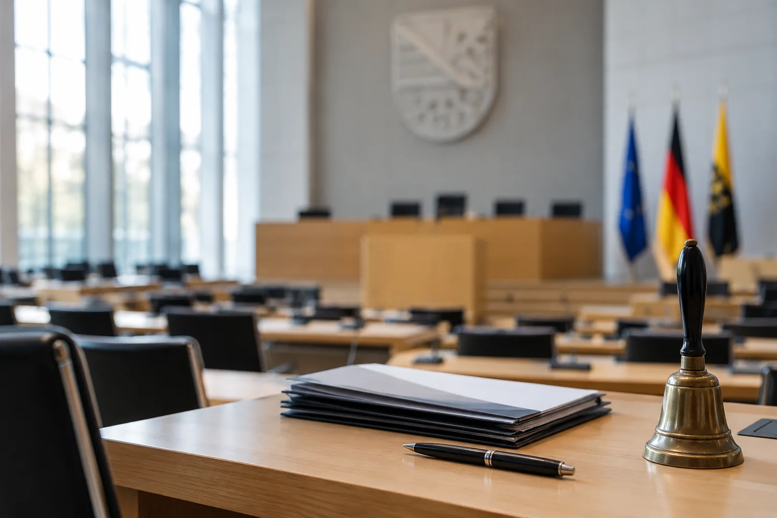 Leerer Plenarsaal mit Abgeordnetensitzen und Präsidium zum Landtag Sachsen-Anhalt und zur Politik im Harz