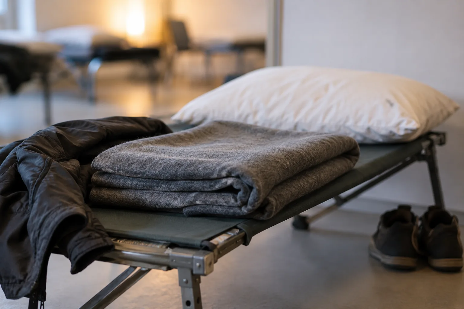 Leeres Feldbett mit grauer Decke, Kopfkissen und Schuhen als Ausstattung einer einfachen Notunterkunft.