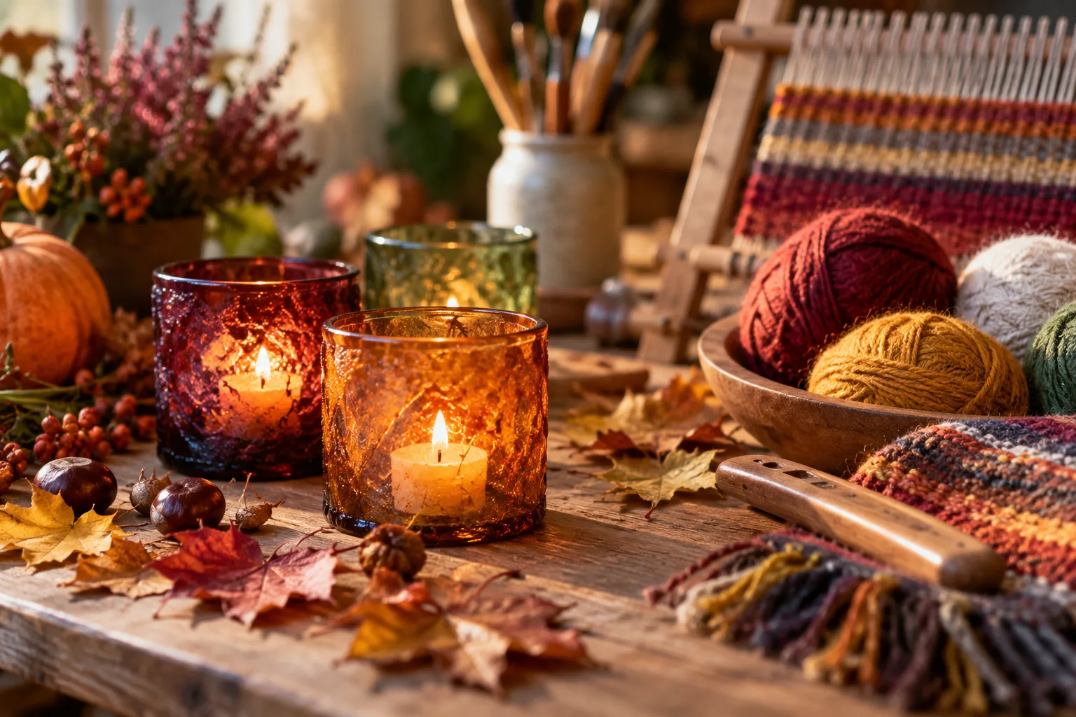 Herbstliche Glaswindlichter, bunte Garne, Webrahmen und Laub auf einem Holztisch als Motive des Kunsthandwerks.