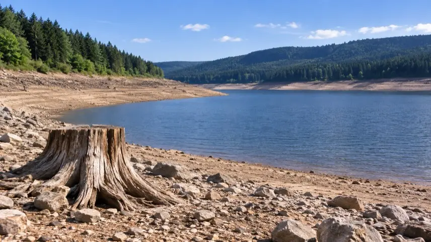 Generischer Stausee mit niedrigem Wasserstand, freiliegendem Ufer und bewaldeten Hügeln im Harz