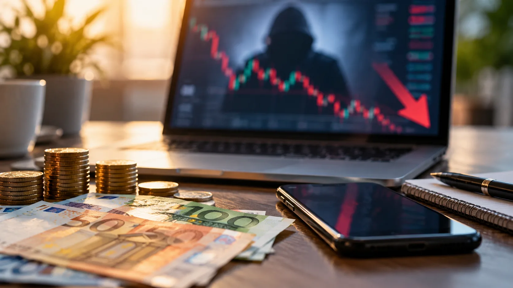 Laptop mit Finanzkurve, Euro-Geldscheinen und Smartphone zum Thema Anlagebetrug in Sachsen-Anhalt und im Harz