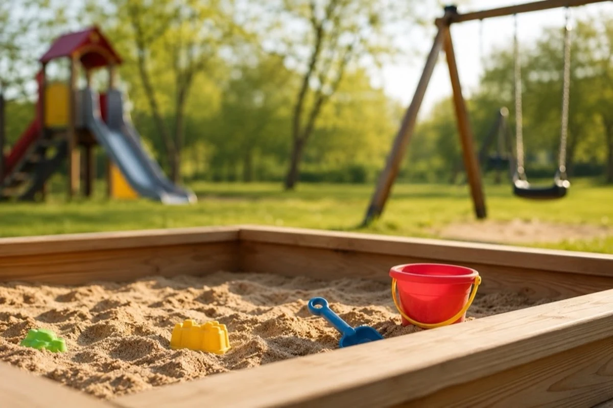 Öffentlicher Spielplatz mit Sandkasten, frischem Spielsand und Spielgeräten auf einer Grünfläche im Harzraum.