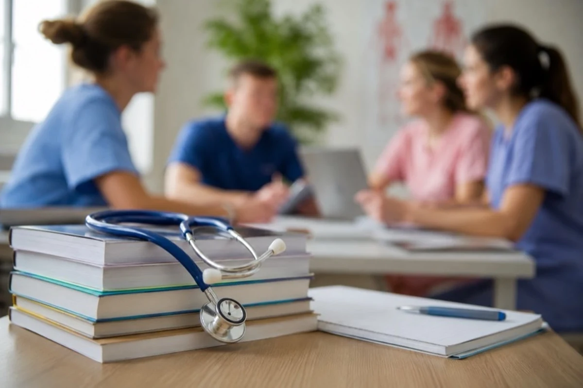 Stethoskop und Schulungsmaterialien in einem neutralen Unterrichtsraum für Pflegeausbildung in Goslar