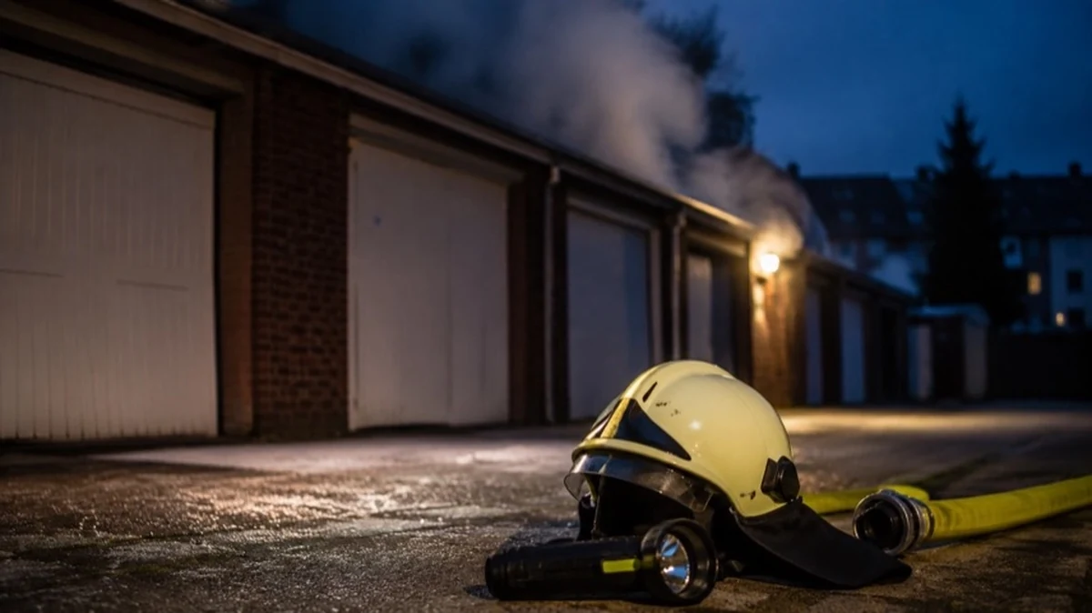 Geschlossene Garagenreihe in einem Wohngebiet bei Nacht mit Feuerwehrhelm und Ausrüstung zum Thema Garagenbrand
