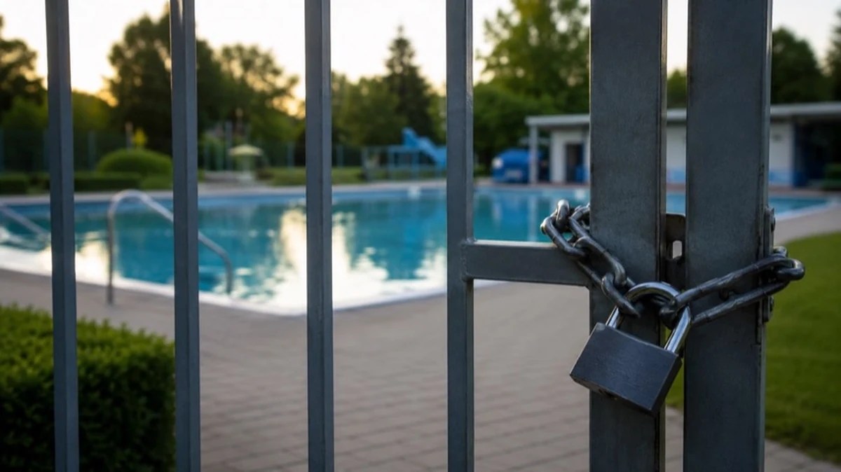 Verschlossenes Eingangstor eines anonymen Freibads mit Zaun und Vorhängeschloss als Motiv zum Einbruch im Freibad Liebenburg.
