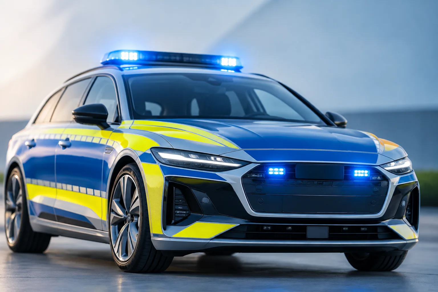 Elektro-Polizeifahrzeug mit Blaulicht als moderner Streifenwagen ohne sichtbares Kennzeichen