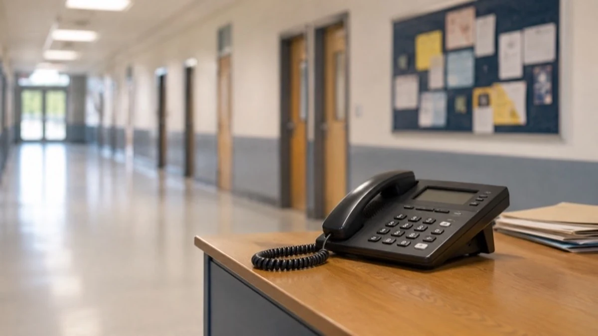 Leerer Schulflur mit Klassenzimmertüren und Telefon am Empfang, Symbol für Drohanrufe an Schulen und Polizeiermittlungen.
