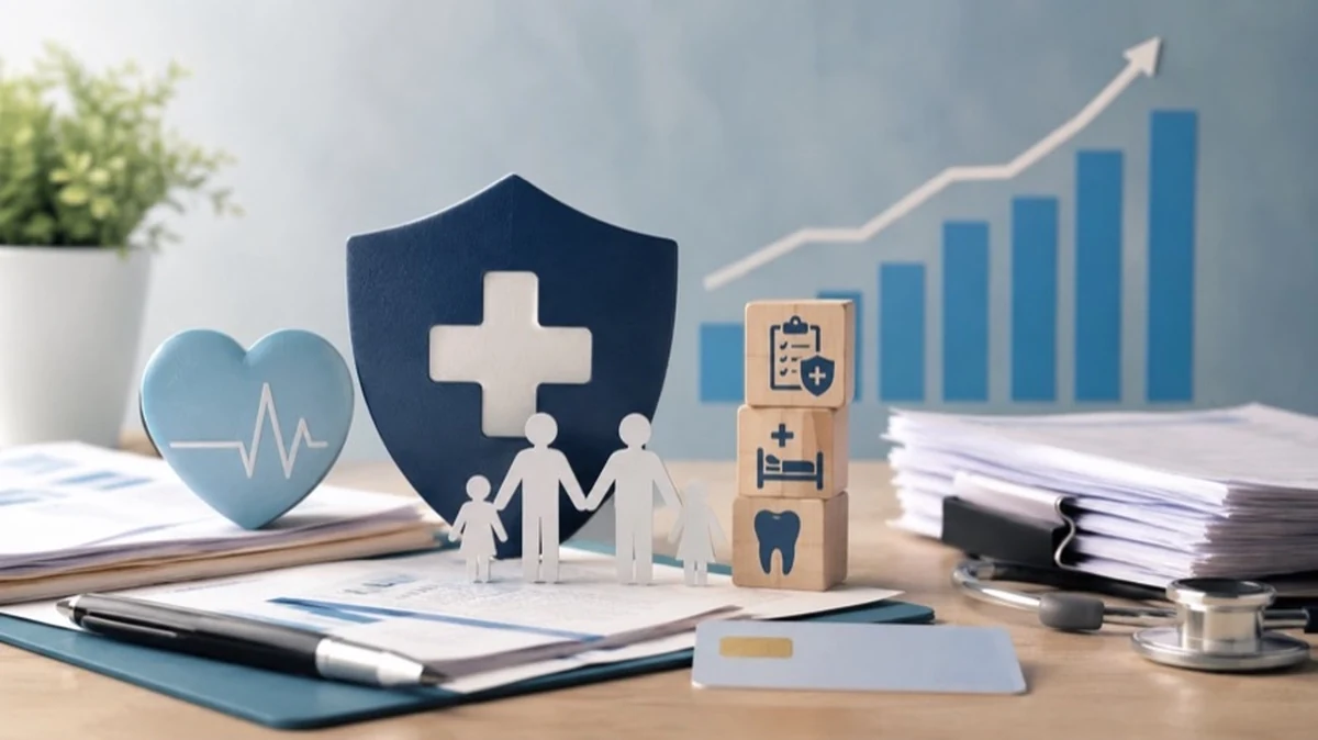 Abstrakte Versicherungsunterlagen mit Gesundheitssymbolen und Diagramm zum Thema private Krankenzusatzversicherung in Sachsen-Anhalt.
