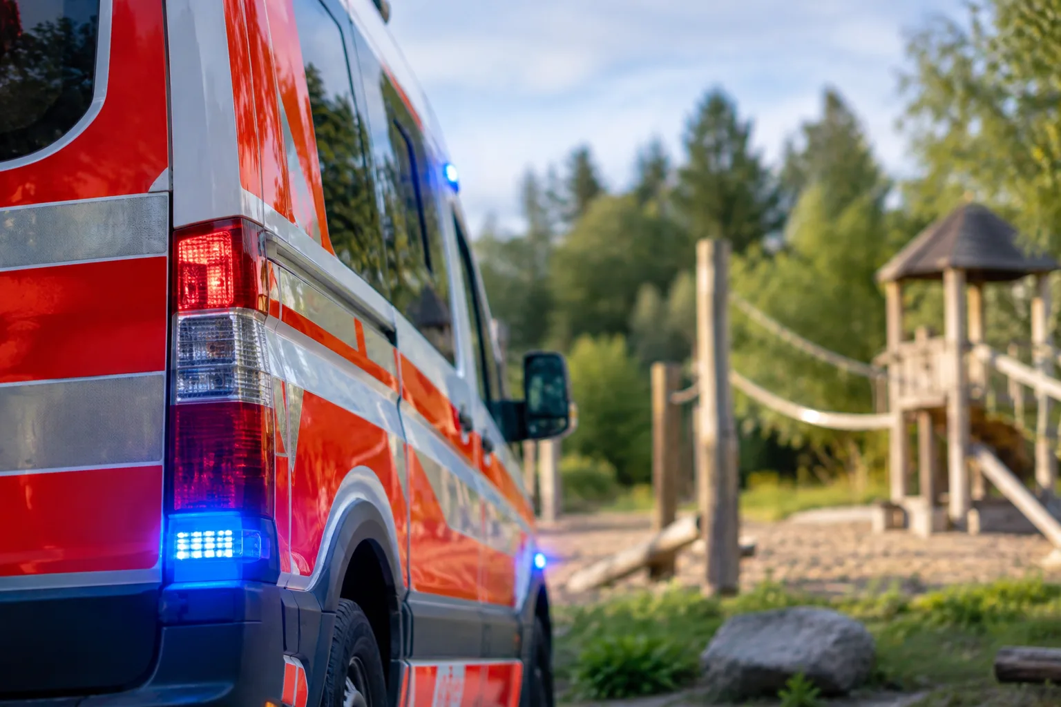 Neutrales Rettungsfahrzeug vor Bäumen als Motiv zum Unfall an einer Seilrutsche in Pullman City Harz