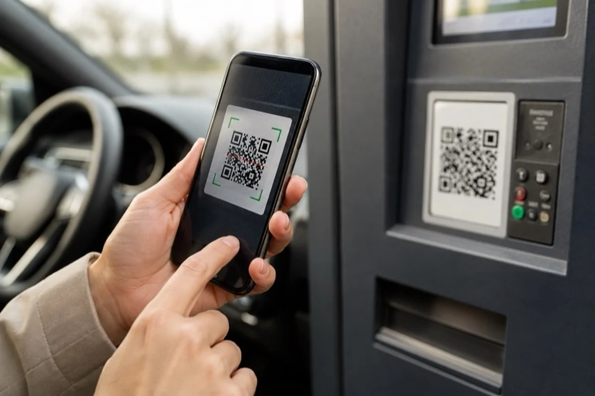 Smartphone vor einem Parkautomaten mit unlesbarem QR-Code als Motiv für digitales Bezahlen beim Parken im Harz