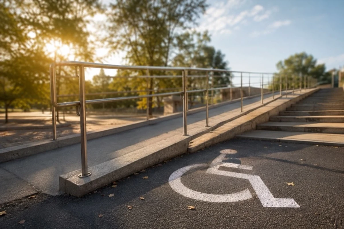 Aluminiumrampe mit Geländer an einem öffentlichen Fußweg als barrierefreier Zugang in Quedlinburg