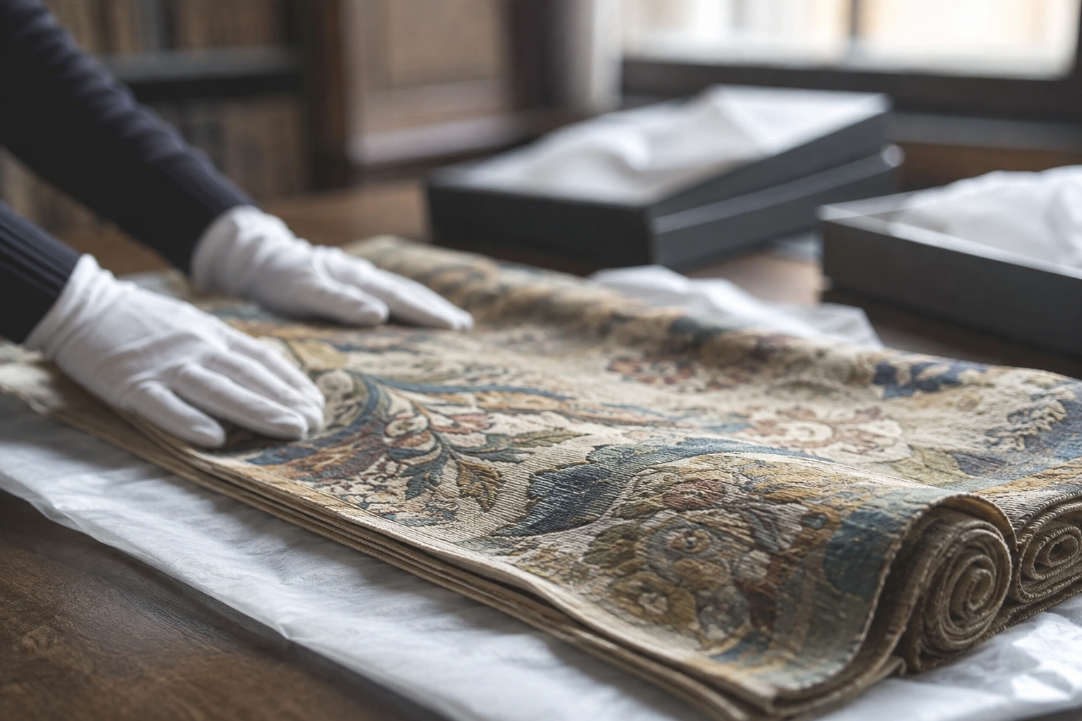 Historisch anmutendes Knüpfteppich-Fragment auf einer Ausstellungsfläche zum Quedlinburger Stiftsberg im Harz