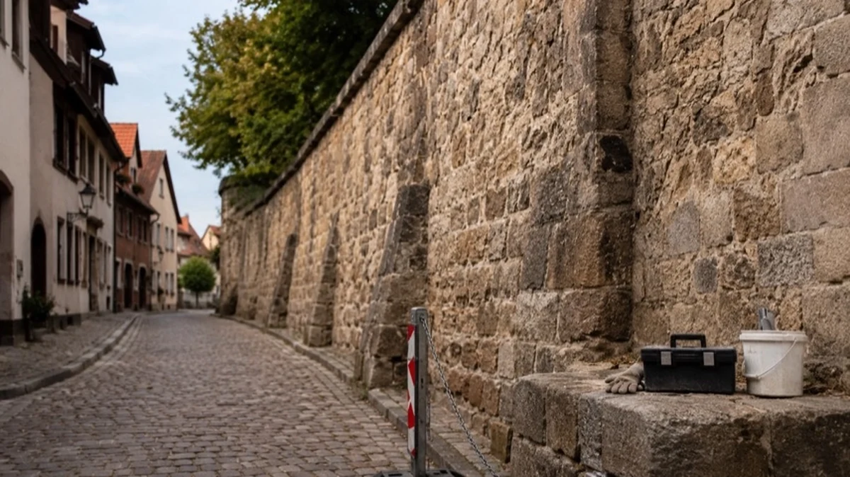 Historische Natursteinmauer in einer Altstadt als Motiv für Denkmalpflege und Stadtmauern in Quedlinburg