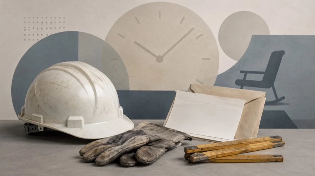 Schutzhelm, Arbeitshandschuhe und Rentenunterlagen als Motiv zur Rentendebatte im Handwerk