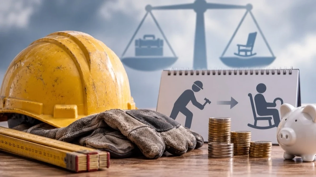 Arbeitshandschuhe, Schutzhelm und Werkzeug neben einer abstrakten Rentengrafik als Symbol für Rentenreform und Handwerk.