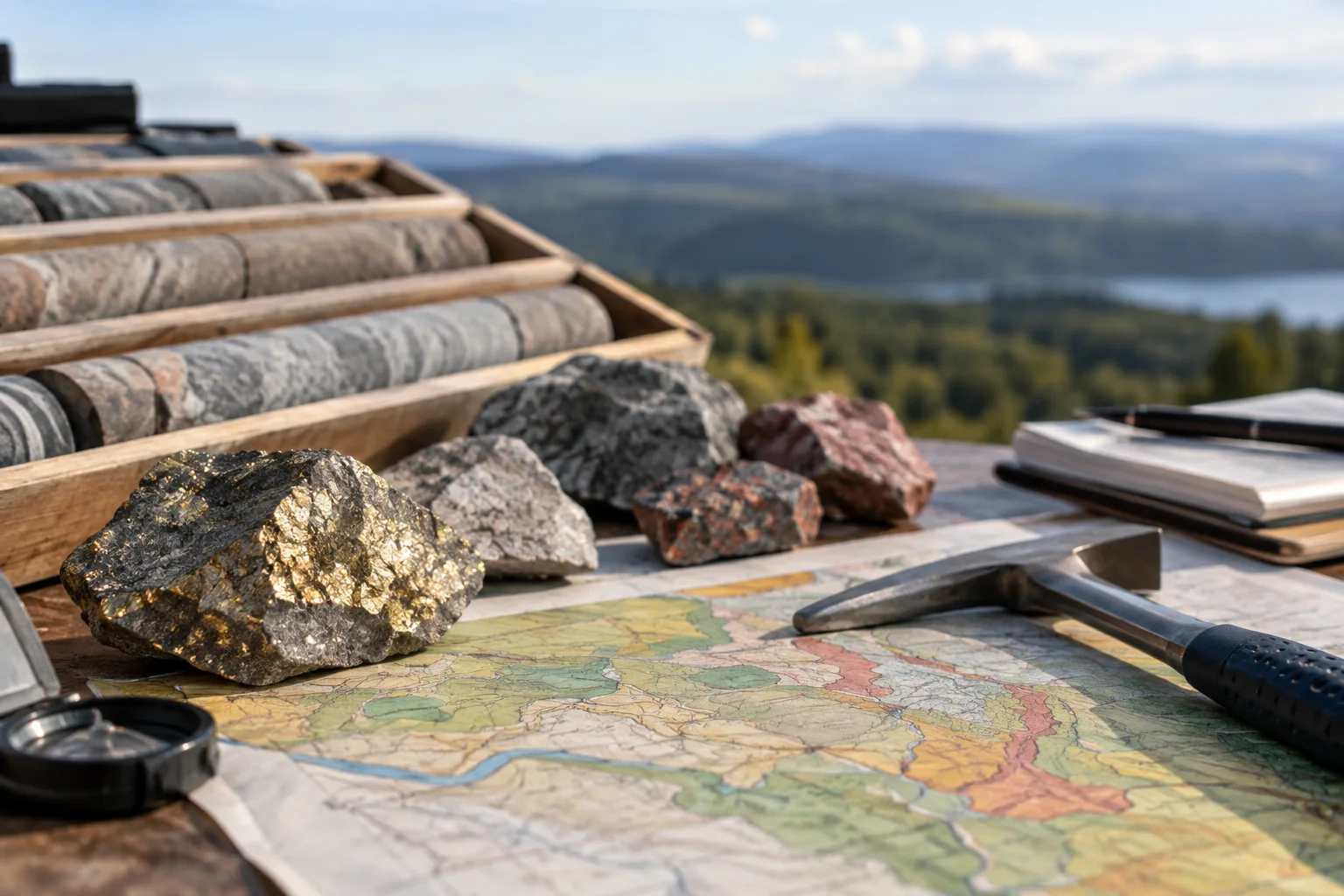 Gesteins- und Bohrkernproben neben geologischer Karte zur Rohstoffsuche im Oberharz