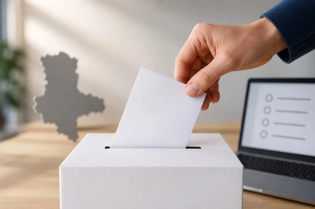 Laptop mit neutraler Wahloberfläche und Unterlagen zum Wahl-O-Mat für Sachsen-Anhalt im Harz