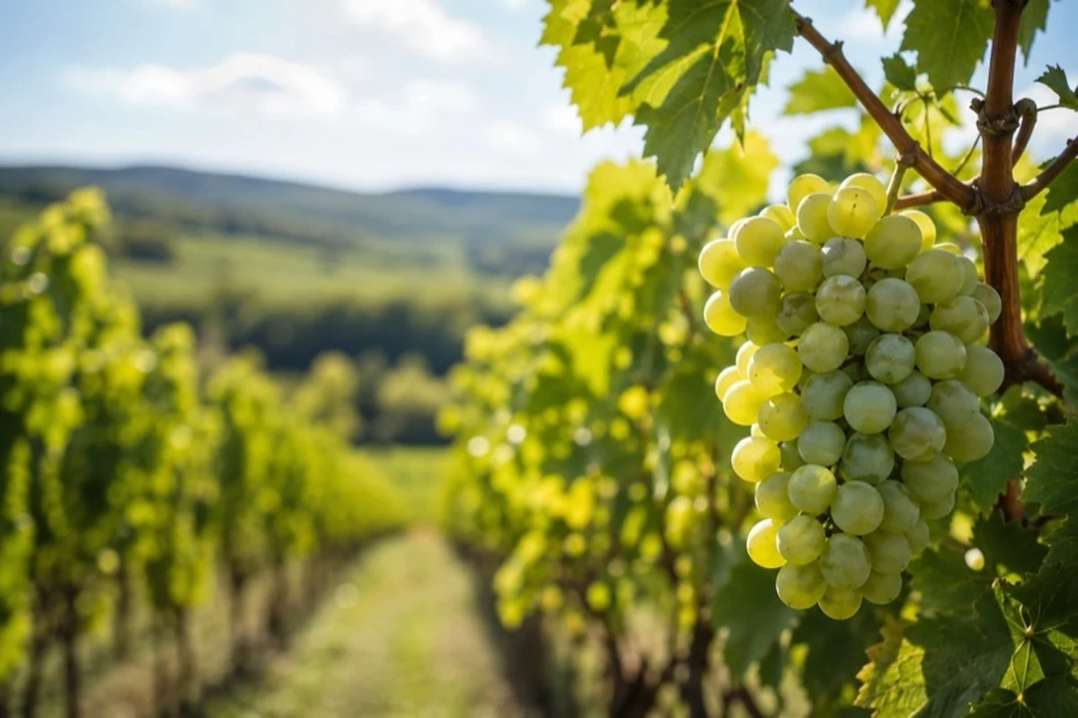 Helle Weintrauben an Rebstöcken als Motiv für Weißwein aus Sachsen-Anhalt und die Harzregion