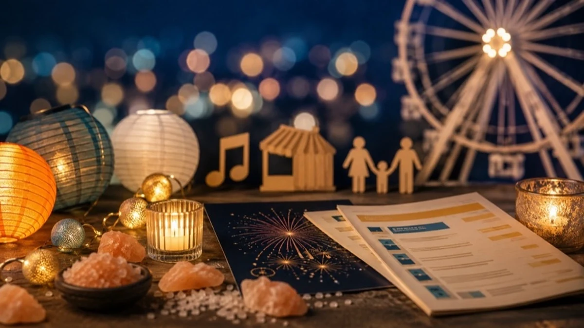 Symbolische Darstellung eines Stadtfestes mit Lampions, Lichterketten, Salzkristallen und Veranstaltungsplan zum Salz- und Lichterfest Bad Harzburg