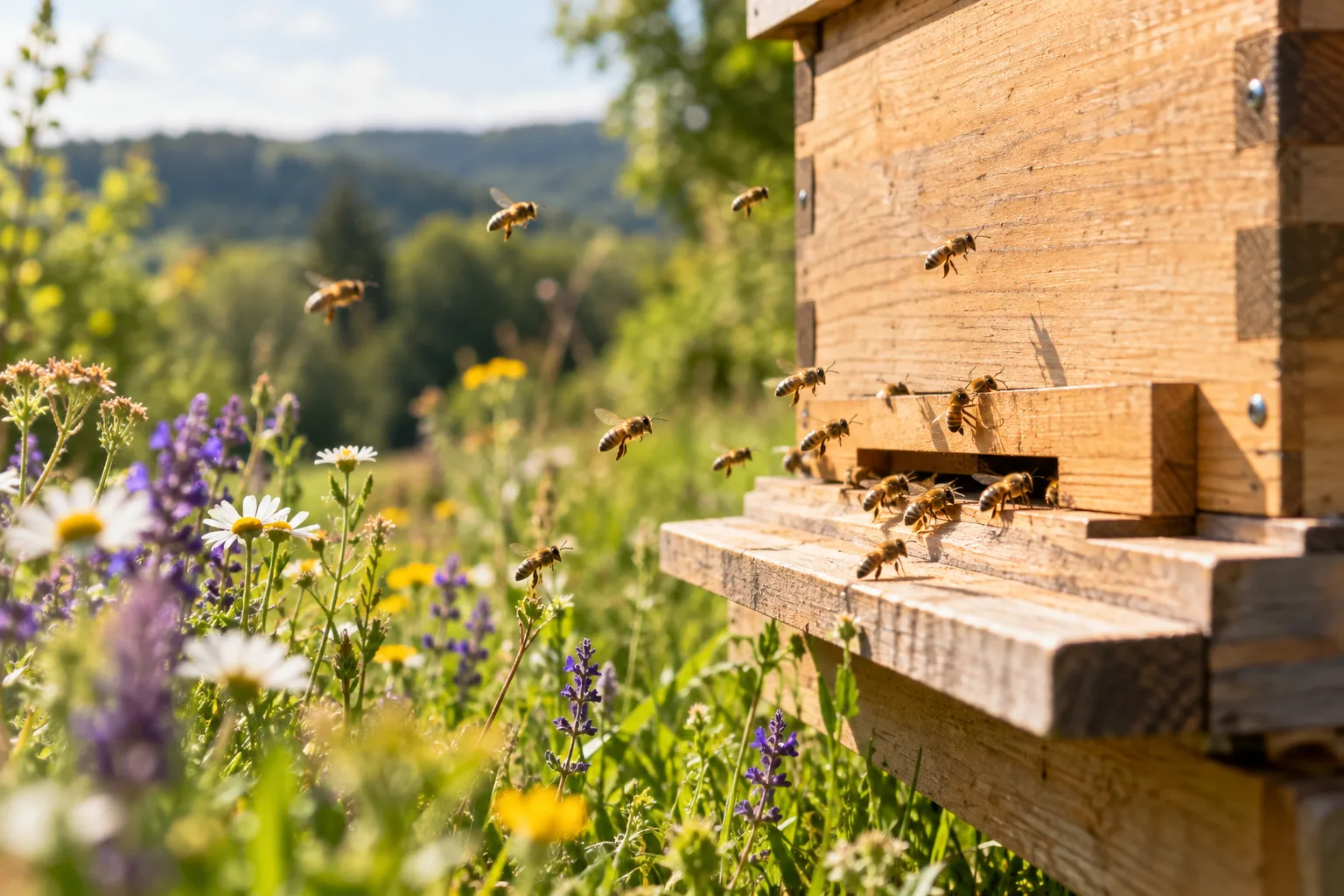 Bienenstock aus Holz mit Honigbienen auf einer grünen Wiese mit Wildblumen und Bäumen im Hintergrund.