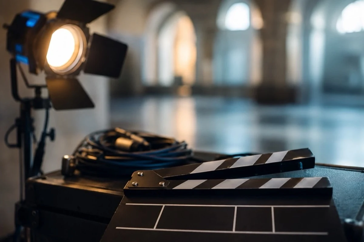 Filmklappe und Produktionsequipment vor einem historischen Schlossgebäude als Motiv für Dreharbeiten im Harz