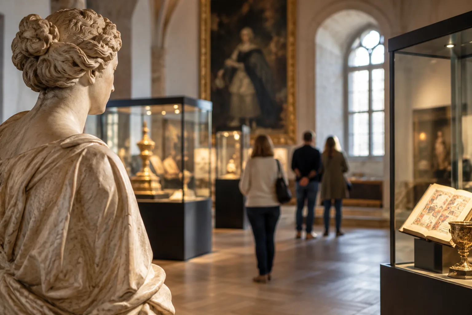 Historischer Museumsraum mit Vitrinen, Ausstellungsstücken und Besuchern in einer neu gestalteten Ausstellung.