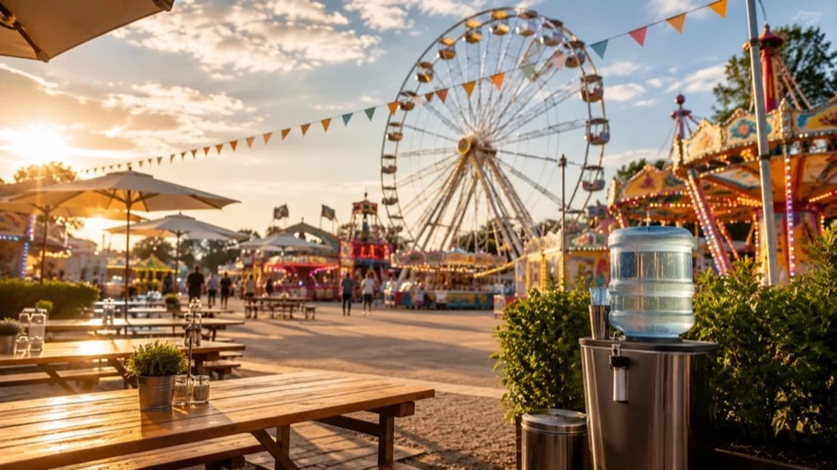 Sommerlicher Festplatz mit Riesenrad, Fahrgeschäften und Bierbänken als Sinnbild für das Schützenfest Goslar und ein Volksfest.