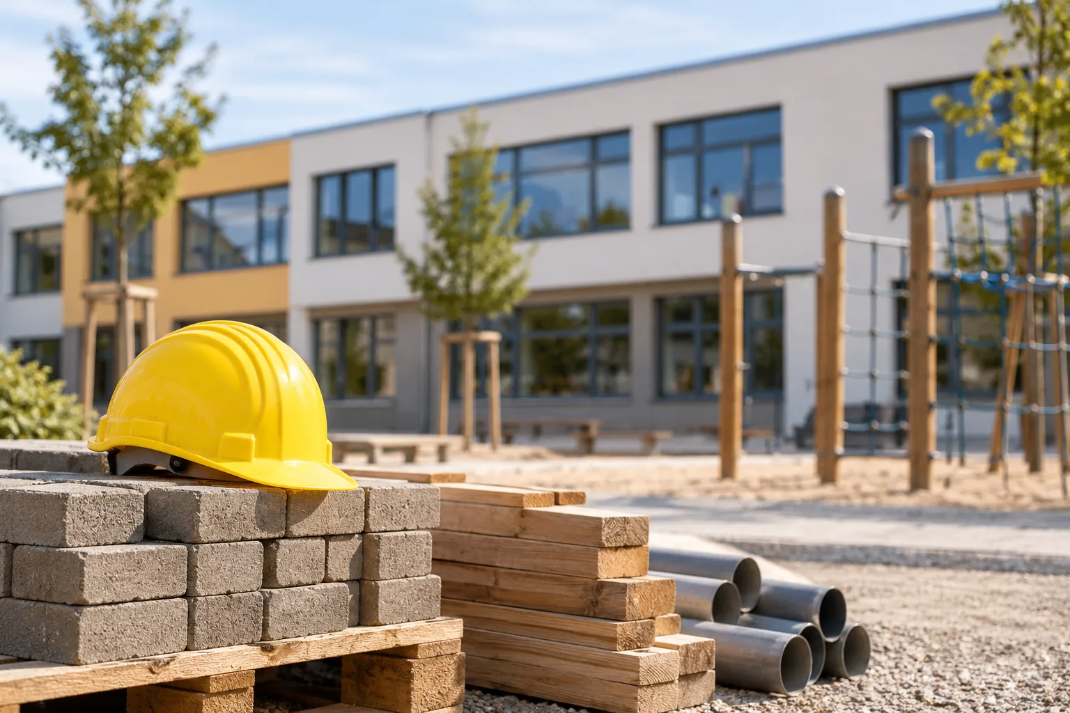Neutrales Schulgebäude mit Baumaterialien als Motiv für den Hortneubau und Bauprojekte am Schulstandort Gernrode