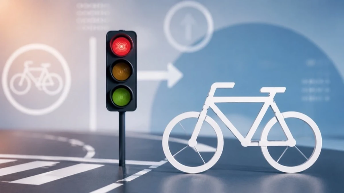 Abstrakte Darstellung mit Fahrradsymbol, Ampelsymbol und Fahrbahnmarkierungen zum Thema Fahrradunfall und Verkehrssicherheit.