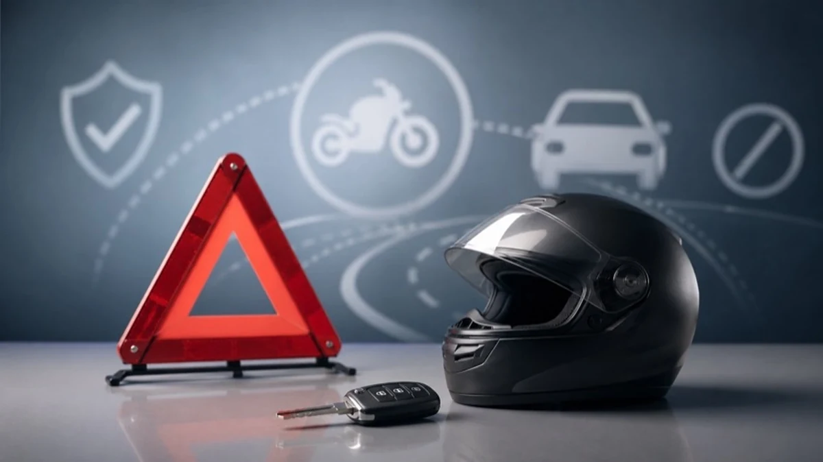Symbolische Darstellung mit Motorradhelm, Autoschlüssel und Warndreieck zum Thema Verkehrsunfall auf der B82 im Landkreis Goslar.