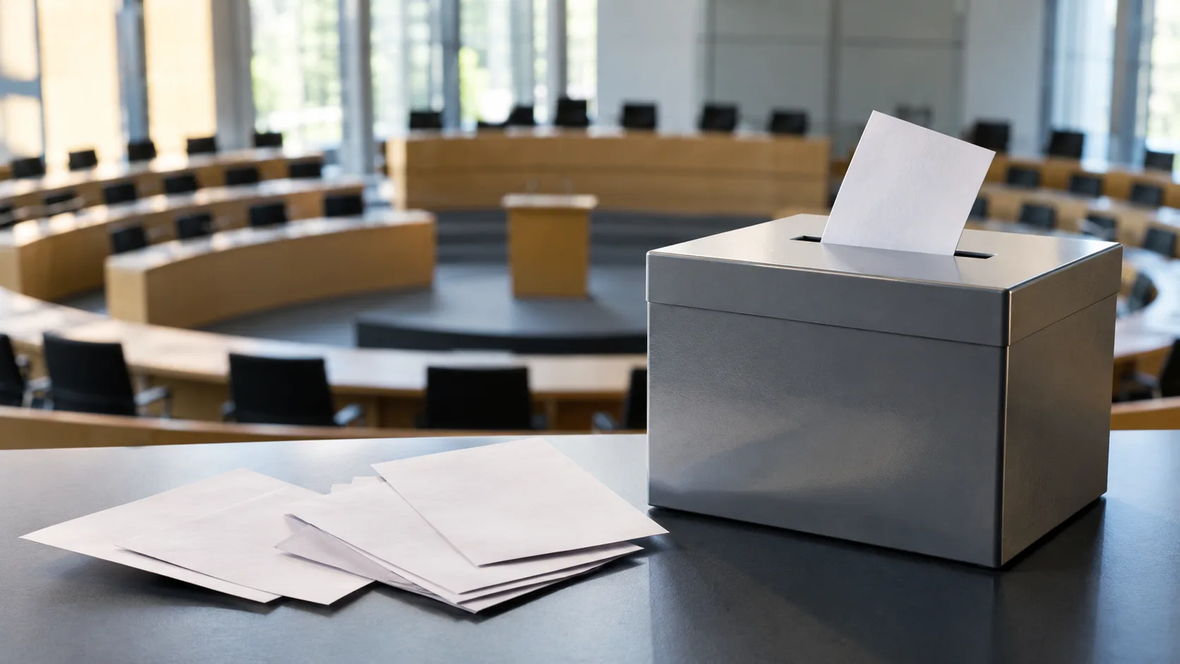Leerer Plenarsaal mit Wahlurne und Stimmzetteln zur Ministerpräsidentenwahl in Sachsen-Anhalt und der Harzregion