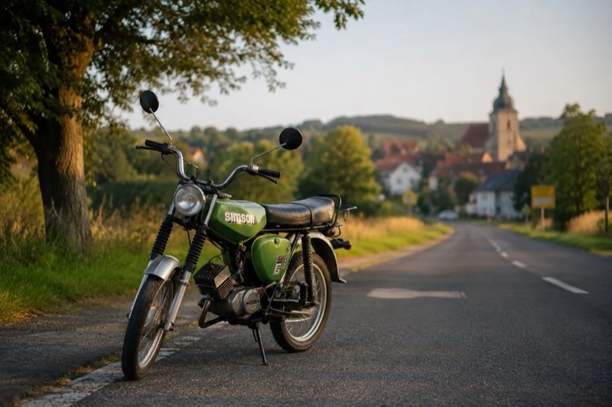 Eine abgestellte Simson auf einer ruhigen Landstraße mit Bäumen und ländlicher Umgebung im Harzvorland.