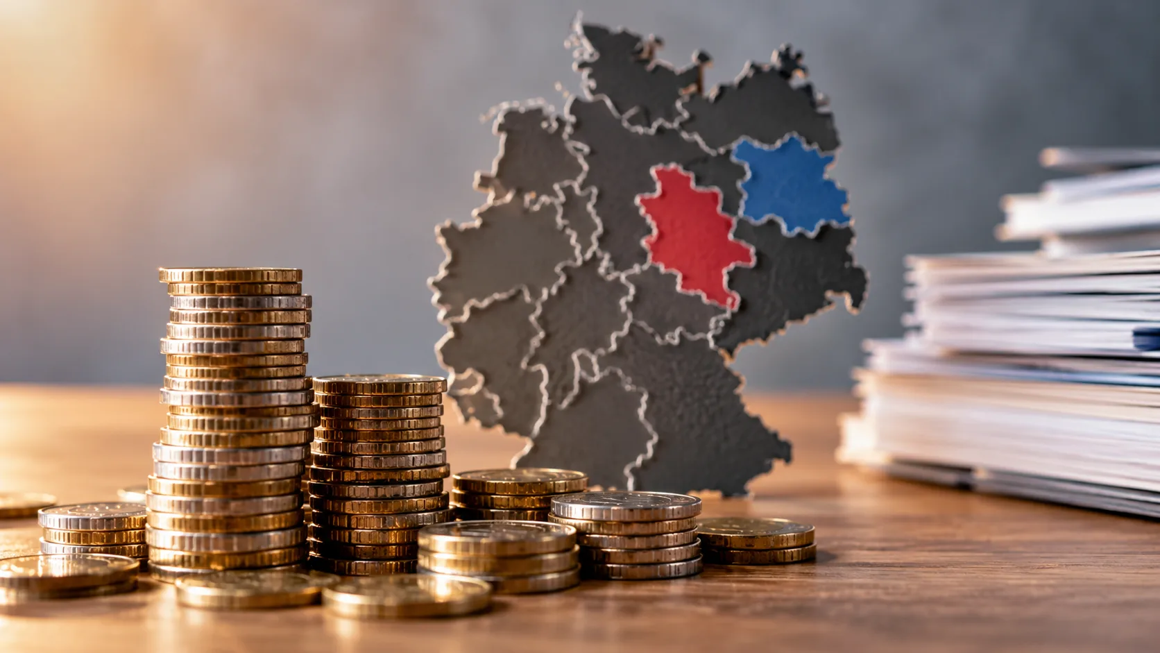 Euro-Münzstapel vor einer Deutschlandkarte mit farbigen Bundesländern zum Länderfinanzausgleich Sachsen-Anhalt