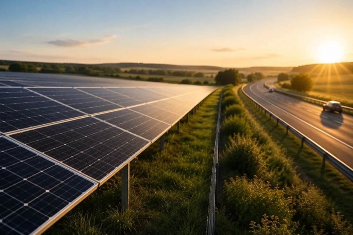 Solarmodule auf einer Freifläche neben einer Autobahn in einer offenen Landschaft im Harz-Kontext