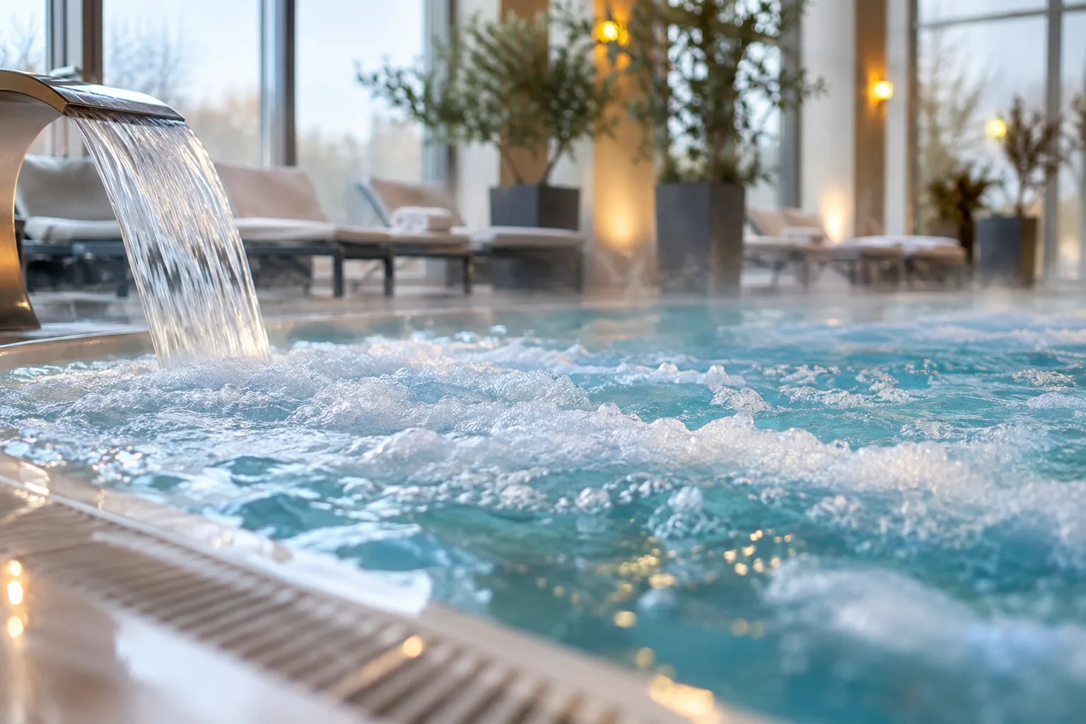 Leeres Thermalbecken mit ruhiger Wasseroberfläche, Sprudeldüsen und schlichtem Beckenrand in einem Innenbereich.