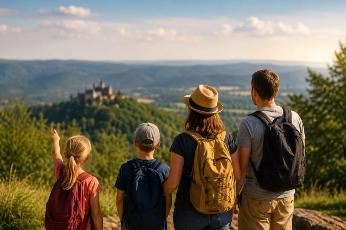 Familie auf einem Parkweg vor einer Burgsilhouette als Motiv für Ausflugsziele im Harz und in Sachsen-Anhalt