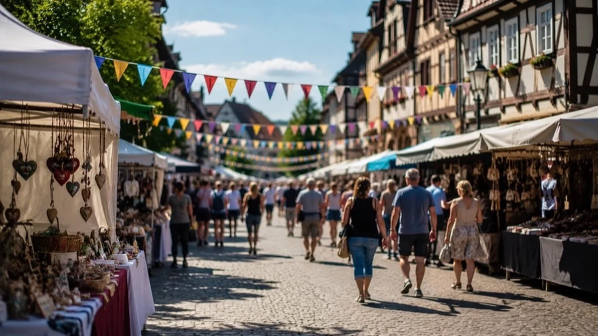 Festlich geschmückte Dorfstraße mit Marktständen und Besuchern bei einem traditionellen Straßenfest im Harz