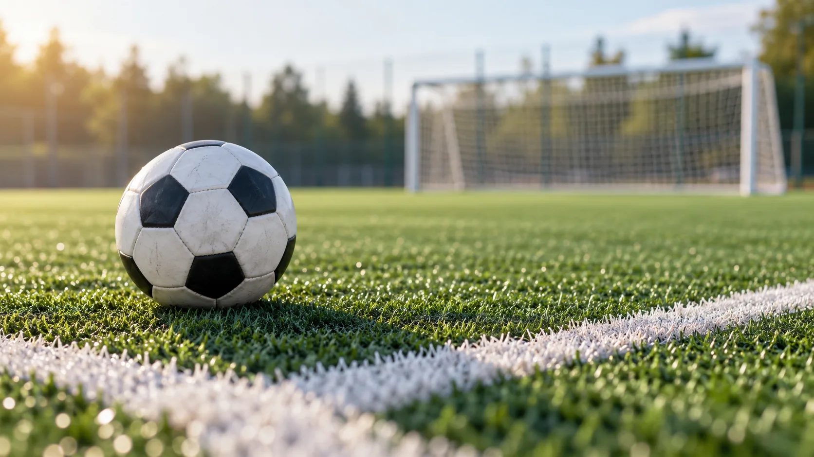 Grüner Kunstrasenplatz mit weißer Spielfeldmarkierung und Fußball auf der künstlichen Rasenfläche.