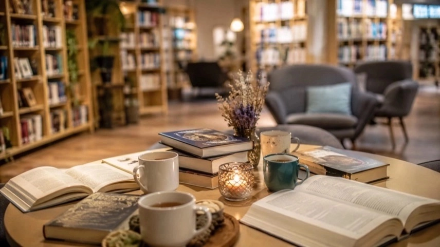 Fantasy- und New-Adult-Bücher mit Teetassen in einer modernen Bibliothek der Stadtbibliothek Goslar