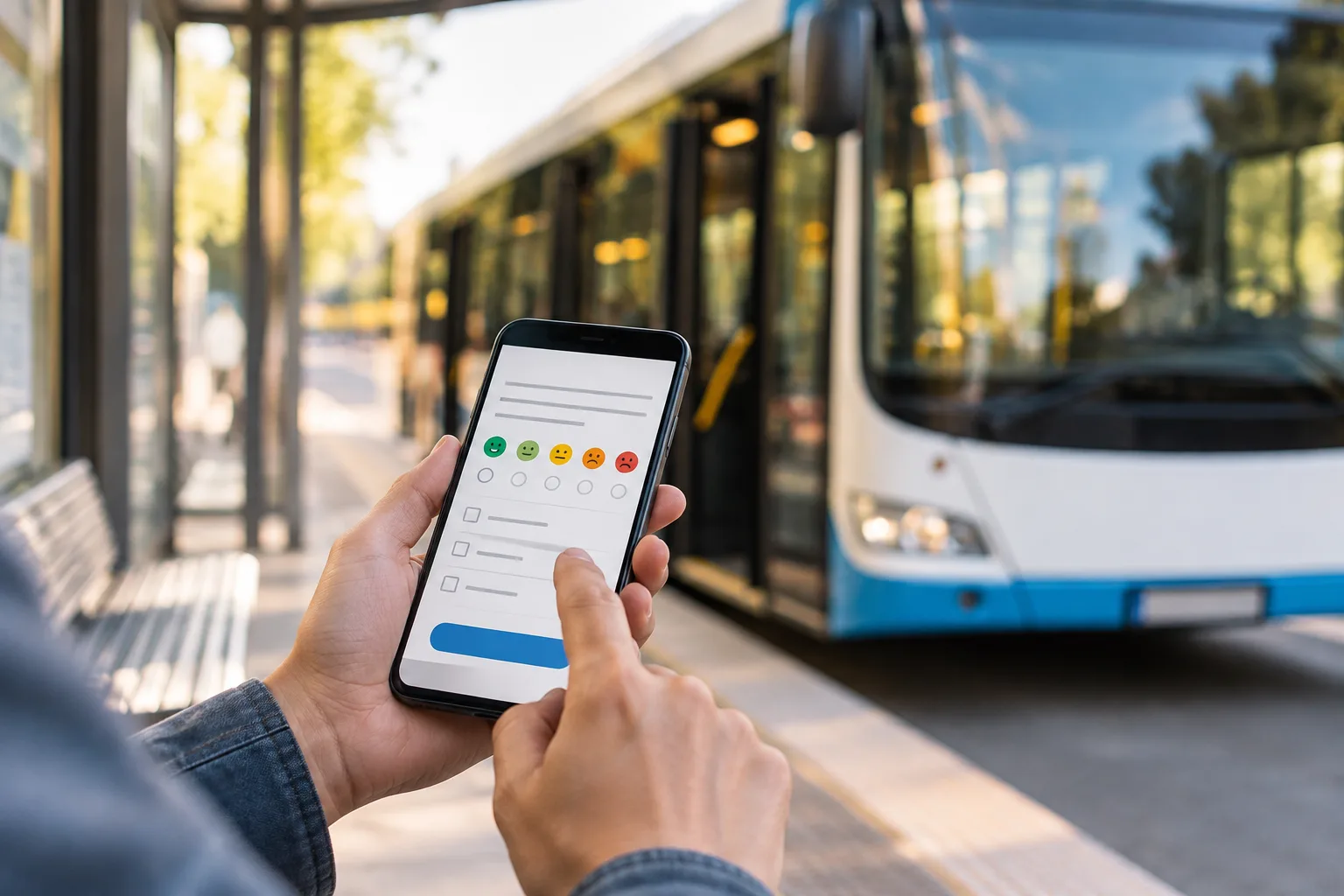 Stadtbus an neutraler Haltestelle mit Smartphone und digitalem Fragebogen im Vordergrund.